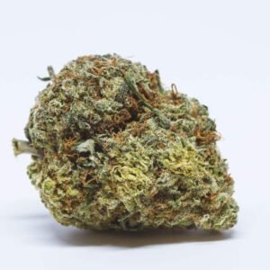 Trainwreck strain cannabis flower with dense frosty buds and green-orange hues